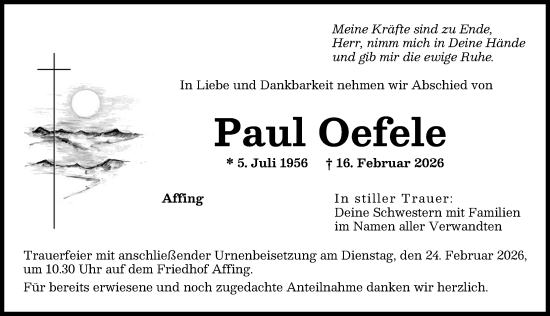Traueranzeige von Paul Oefele von Aichacher Nachrichten