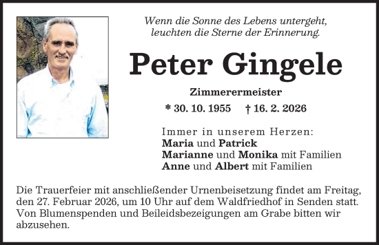 Traueranzeige von Peter Gingele von Neu-Ulmer Zeitung