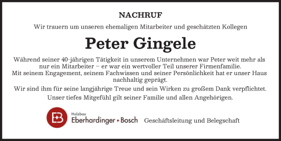 Traueranzeige von Peter Gingele von Neu-Ulmer Zeitung