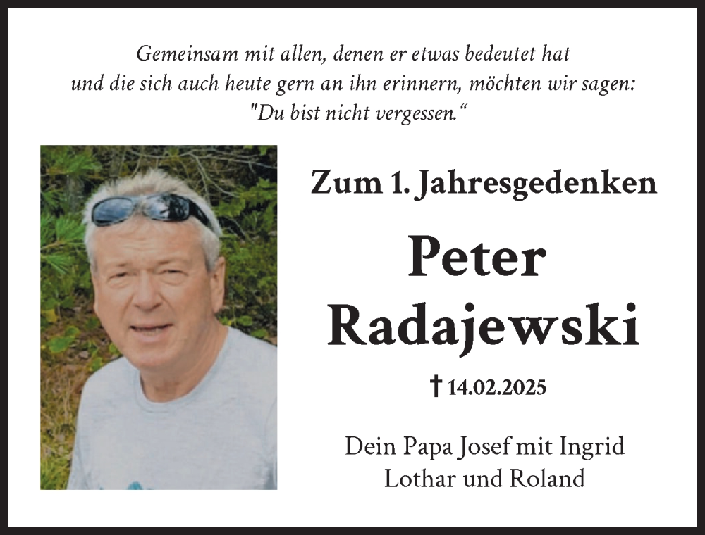  Traueranzeige für Peter Radajewski vom 14.02.2026 aus Donauwörther Zeitung