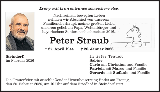 Traueranzeige von Peter Straub von Friedberger Allgemeine