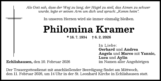 Traueranzeige von Philomina Kramer von Günzburger Zeitung