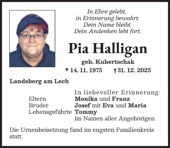 Traueranzeige von Pia Halligan von Landsberger Tagblatt