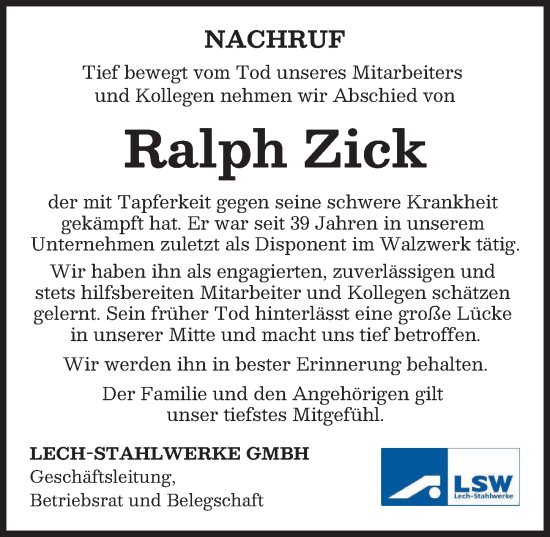 Traueranzeige von Ralph Zick von Augsburg-Land