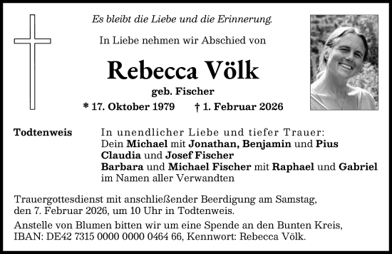 Traueranzeige von Rebecca Völk von Aichacher Nachrichten