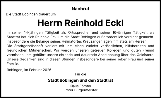 Traueranzeige von Reinhold Eckl von Schwabmünchner Allgemeine