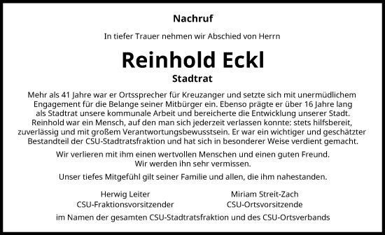 Traueranzeige von Reinhold Eckl von Schwabmünchner Allgemeine
