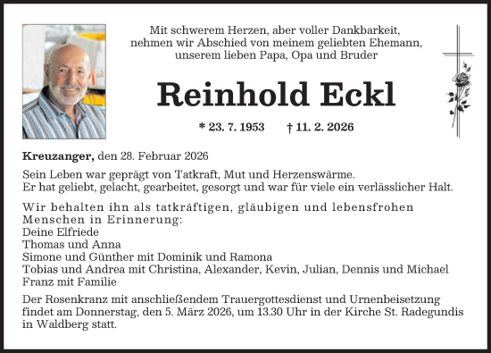 Traueranzeige von Reinhold Eckl von Augsburger Allgemeine