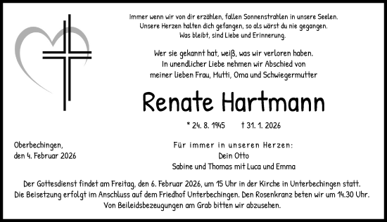 Traueranzeige von Renate Hartmann von Donau Zeitung