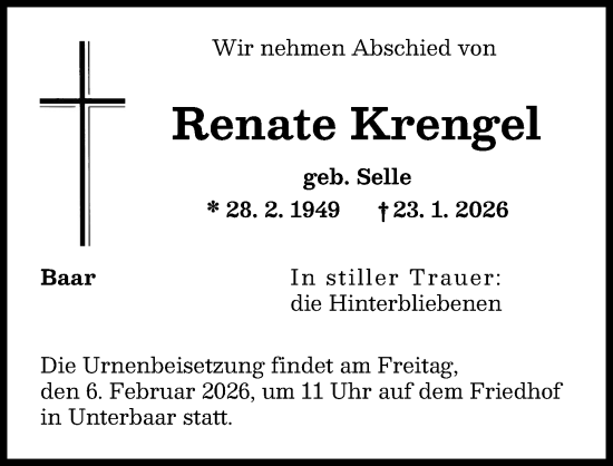 Traueranzeige von Renate Krengel von Aichacher Nachrichten