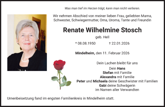 Traueranzeige von Renate Wilhelmine Stosch von Mindelheimer Zeitung