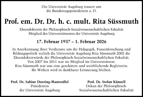 Traueranzeige von Rita Süssmuth von Augsburger Allgemeine