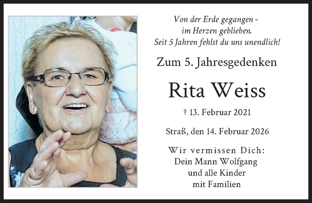  Traueranzeige für Rita Weiss vom 14.02.2026 aus Neuburger Rundschau