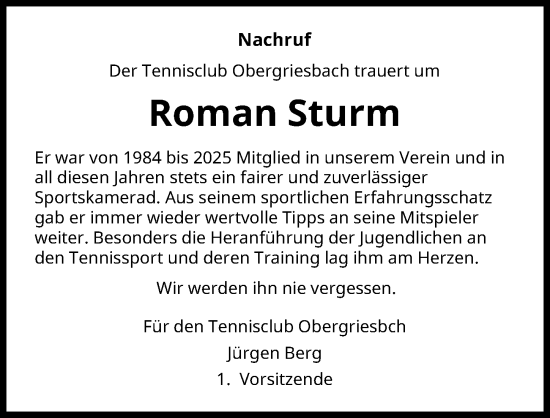 Traueranzeige von Roman Sturm von Aichacher Nachrichten