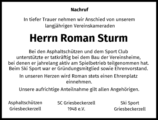 Traueranzeige von Roman Sturm von Aichacher Nachrichten