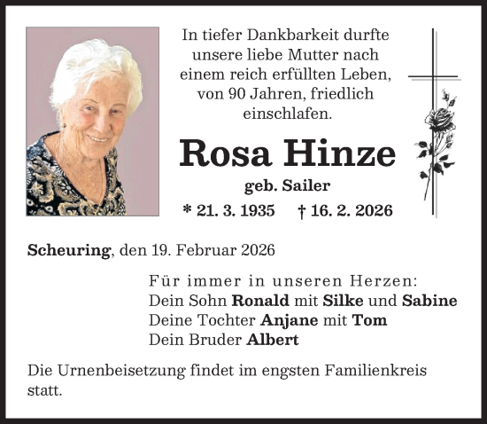 Traueranzeige von Rosa Hinze von Landsberger Tagblatt