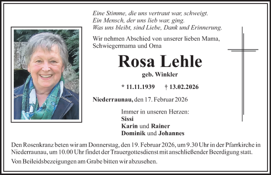 Traueranzeige von Rosa Lehle von Mittelschwäbische Nachrichten