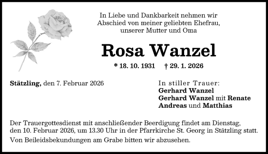 Traueranzeige von Rosa Wanzel von Friedberger Allgemeine