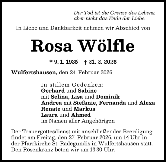 Traueranzeige von Rosa Wölfle von Friedberger Allgemeine