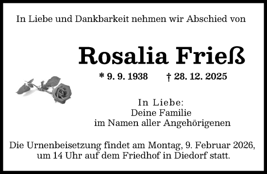 Traueranzeige von Rosalia Frieß von Augsburger Allgemeine