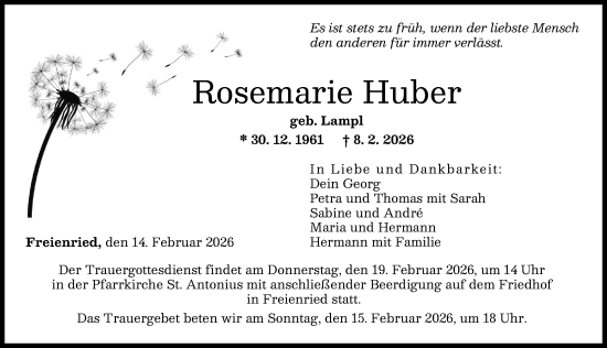 Traueranzeige von Rosemarie Huber von Friedberger Allgemeine
