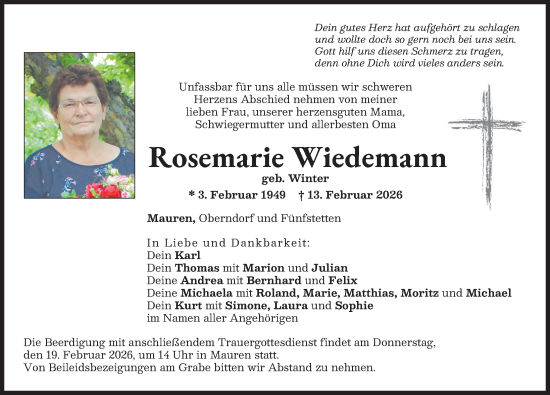 Traueranzeige von Rosemarie Wiedemann von Donauwörther Zeitung