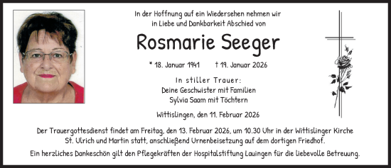 Traueranzeige von Rosmarie Seeger von Donau Zeitung