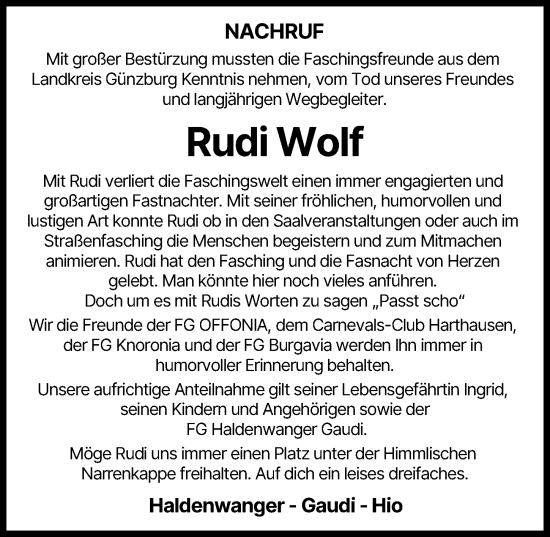 Traueranzeige von Rudi Wolf von Günzburger Zeitung