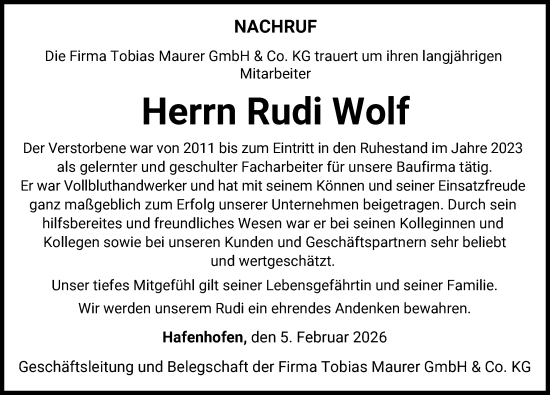 Traueranzeige von Rudi Wolf von Günzburger Zeitung