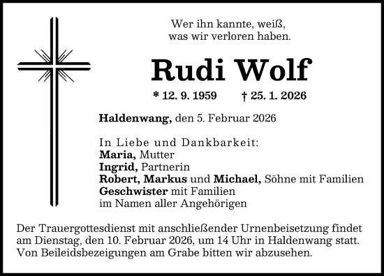 Traueranzeige von Rudi Wolf von Günzburger Zeitung
