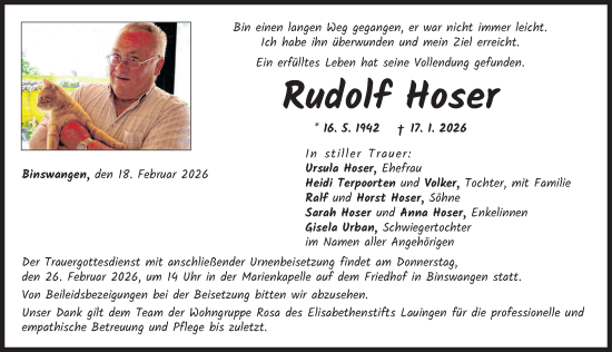 Traueranzeige von Rudolf Hoser von Donau Zeitung, Wertinger Zeitung