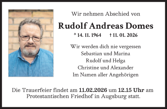 Traueranzeige von Rudolf Andreas Domes von Augsburger Allgemeine