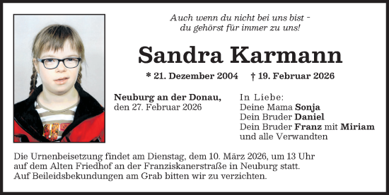 Traueranzeige von Sandra Karmann von Neuburger Rundschau