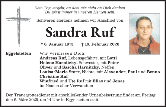 Traueranzeige von Sandra Ruf von Donauwörther Zeitung