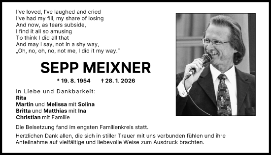 Traueranzeige von Sepp Meixner von Neu-Ulmer Zeitung