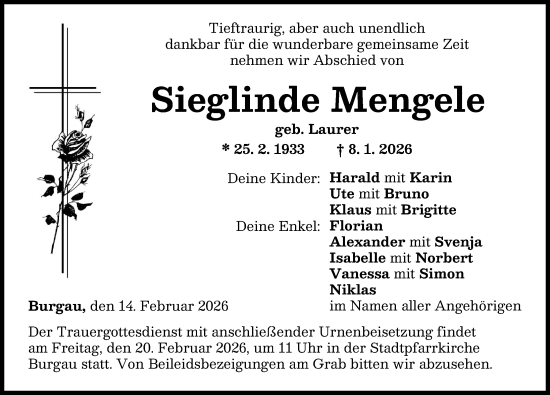Traueranzeige von Sieglinde Mengele von Günzburger Zeitung