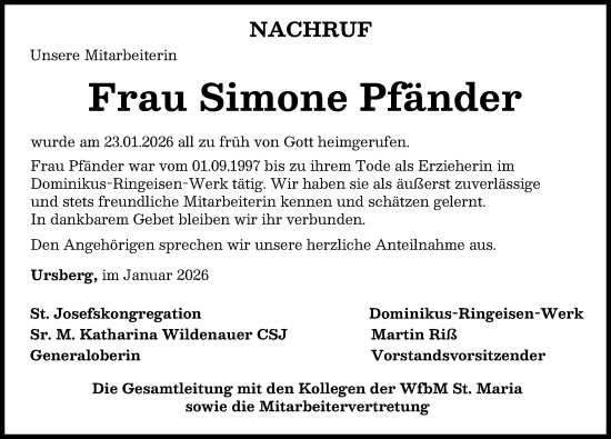Traueranzeige von Simone Pfänder von Mittelschwäbische Nachrichten