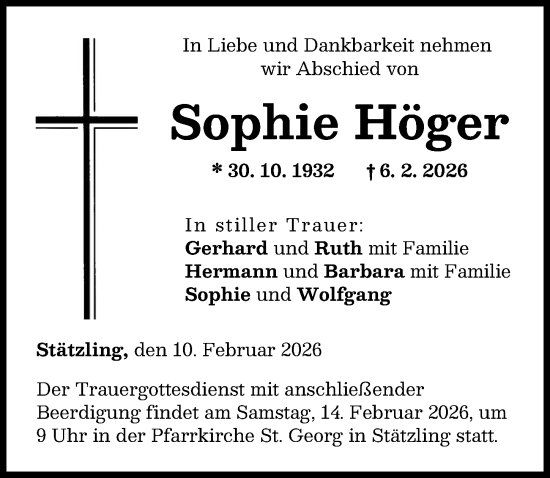 Traueranzeige von Sophie Höger von Friedberger Allgemeine