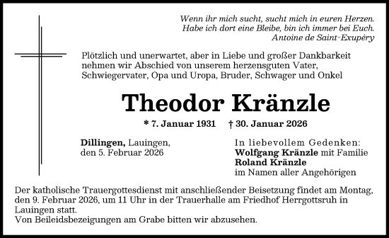 Traueranzeige von Theodor Kränzle von Donau Zeitung