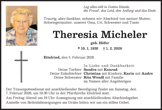 Traueranzeige von Theresia Micheler von Augsburg-Land