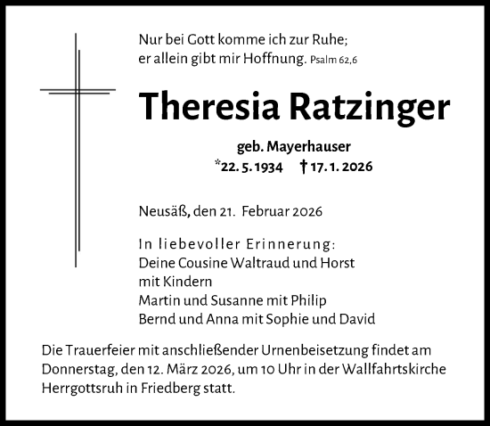 Traueranzeige von Theresia Ratzinger von Friedberger Allgemeine
