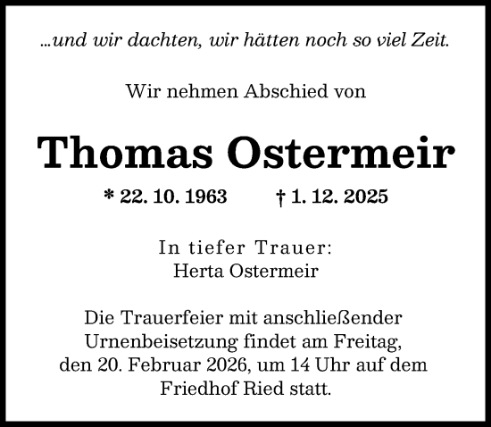 Traueranzeige von Thomas Ostermeir von Friedberger Allgemeine