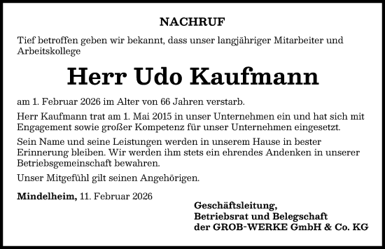 Traueranzeige von Udo Kaufmann von Mindelheimer Zeitung, Augsburger Allgemeine