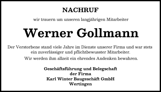 Traueranzeige von Werner Gollmann von Wertinger Zeitung