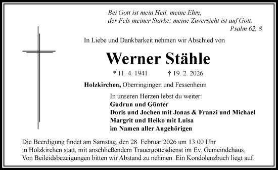 Traueranzeige von Werner Stähle von Rieser Nachrichten