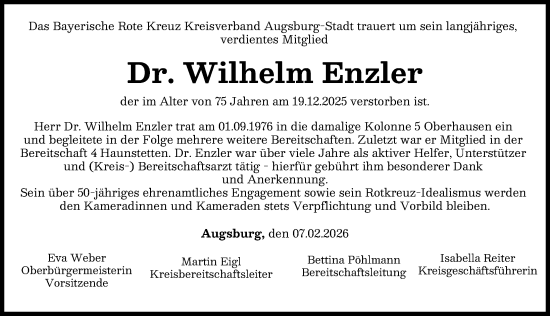 Traueranzeige von Wilhelm Enzler von Augsburger Allgemeine