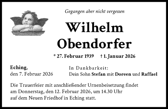 Traueranzeige von Wilhelm Obendorfer von Landsberger Tagblatt
