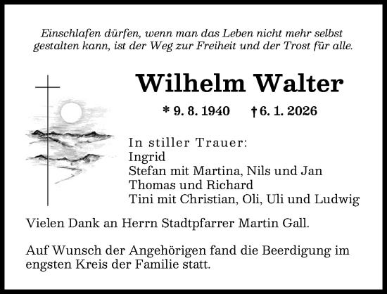Traueranzeige von Wilhelm Walter von Augsburger Allgemeine