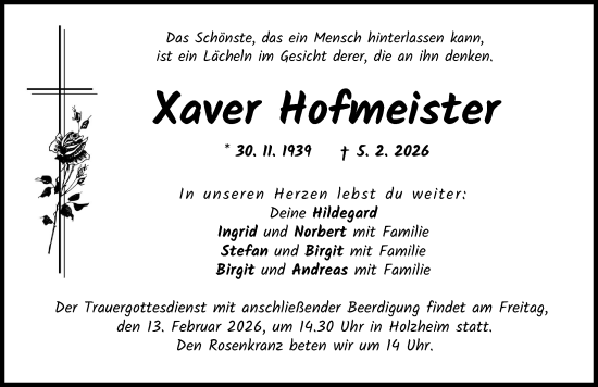 Traueranzeige von Xaver Hofmeister von Donau Zeitung