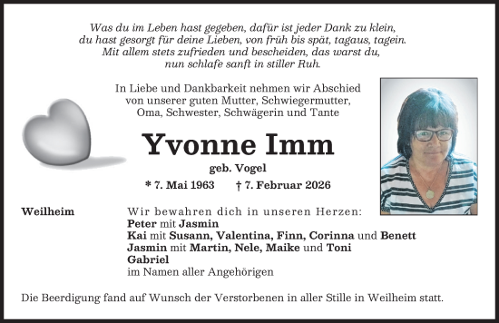 Traueranzeige von Yvonne Imm von Donauwörther Zeitung